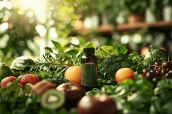 Bouteille d'huile essentielle entourée de fruits et feuilles fraîches