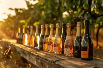 Rangée de différentes bouteilles de champagne sur un banc en bois