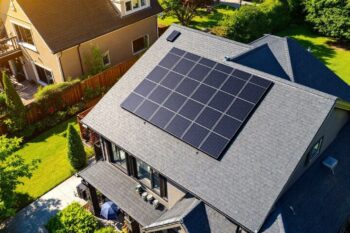 Vue aérienne d'une maison avec installation de panneaux solaires