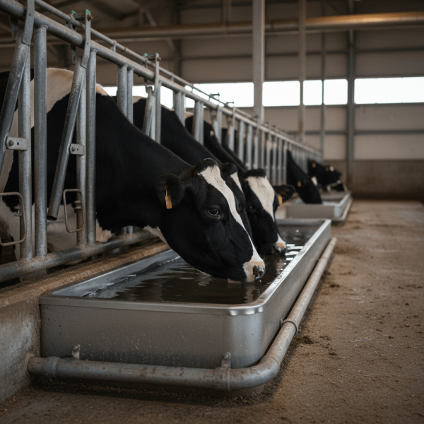 Vaches laitières s'abreuvant dans une étable moderne équipée d'abreuvoirs automatiques